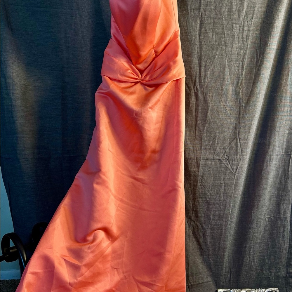 Mori Lee Strapless Dress in Vibrant Coral - Picture 2 of 5